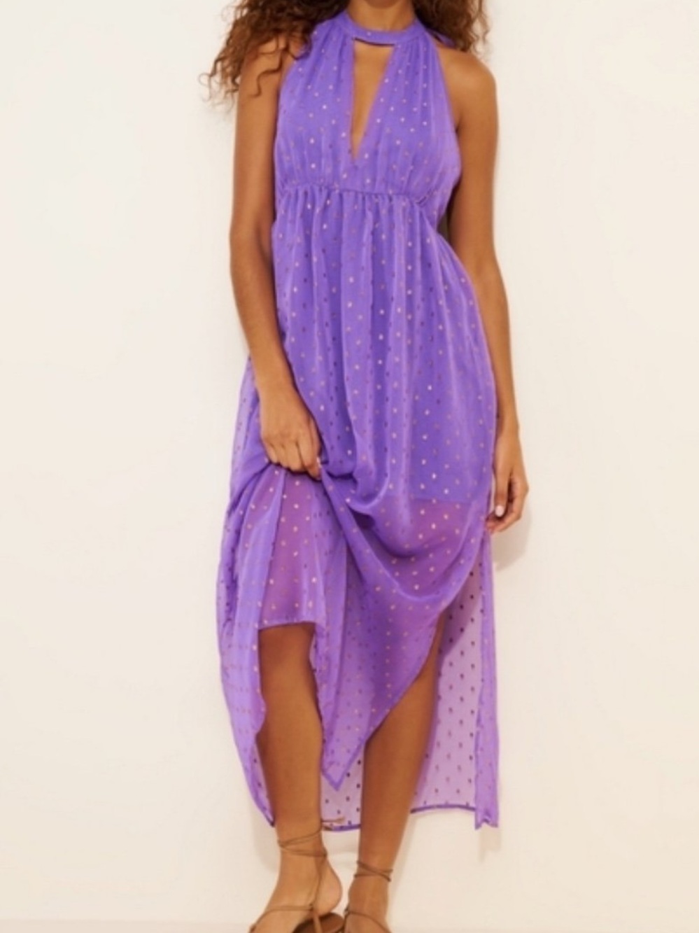 Celandine by Anthropologie Beach disco Plunging Maxi Dress Halter Polka Dot